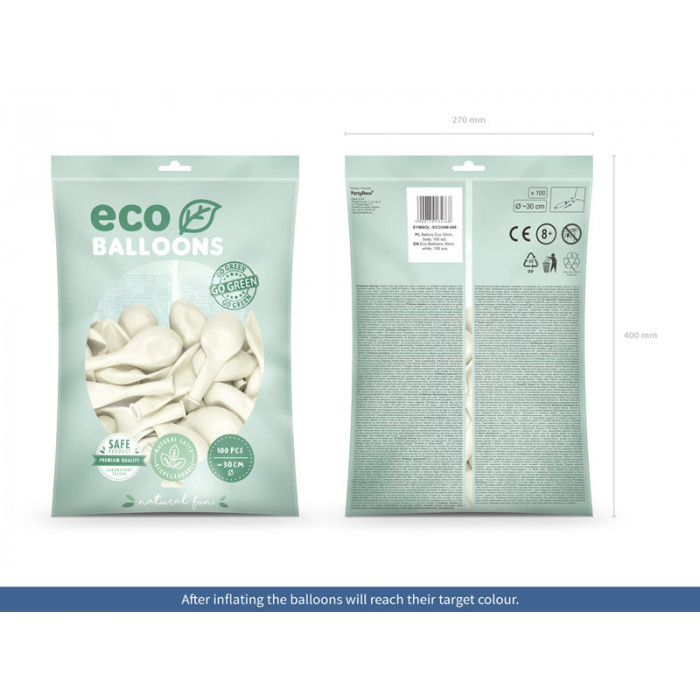 Balony Eco 30cm metalizowane, biały (1 op. / 100 szt.)