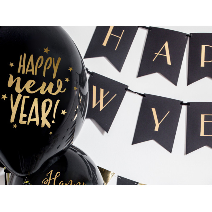 Balony 30cm, Happy New Year, Pastel Black (1 op. / 6 szt.)